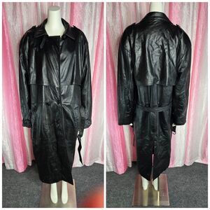 Vintage Fabiani Long Black Leather Belted Trenchcoat Lined Size Medium Unisex
